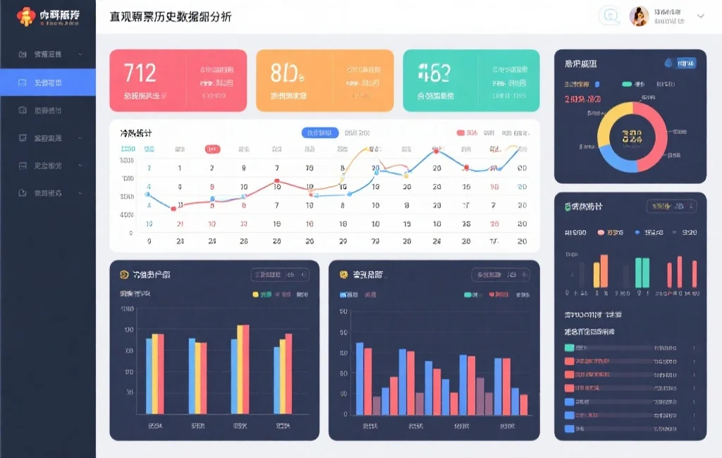 直观的彩票历史数据分析界面，包含走势图、冷热号码统计、柱状图等信息，整体布局简洁明了