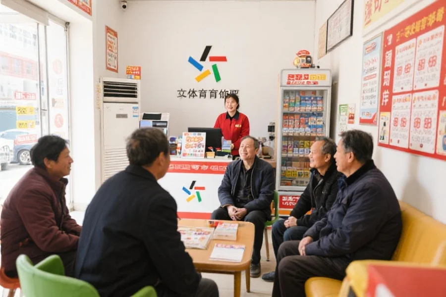 温馨的体彩销售点内，几位彩民围坐交流，销售员在一旁微笑服务，氛围友好和谐